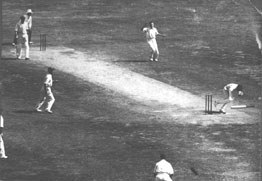 Larwood bowls Oldfield